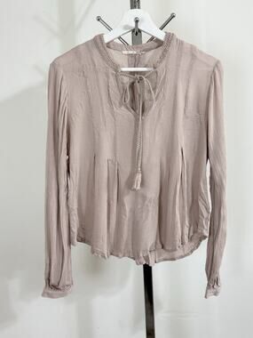 Floreat Anthropologie Boho Peasant Blouse Women Size 8 Rayon Beaded Tie Neck Top